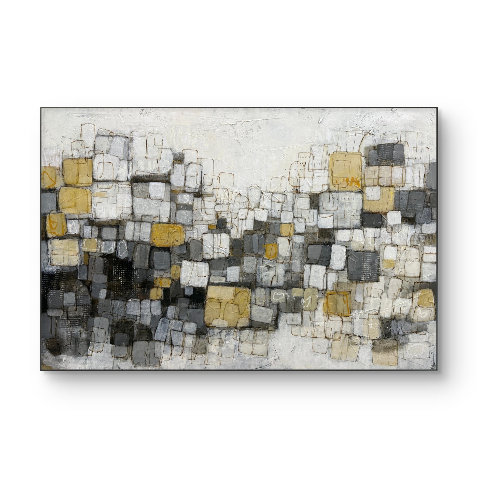 An abstract canvas painting featuring a textured mosaic of geometric blocks in gray, white, black, and ochre yellow, displayed on a clean white background.