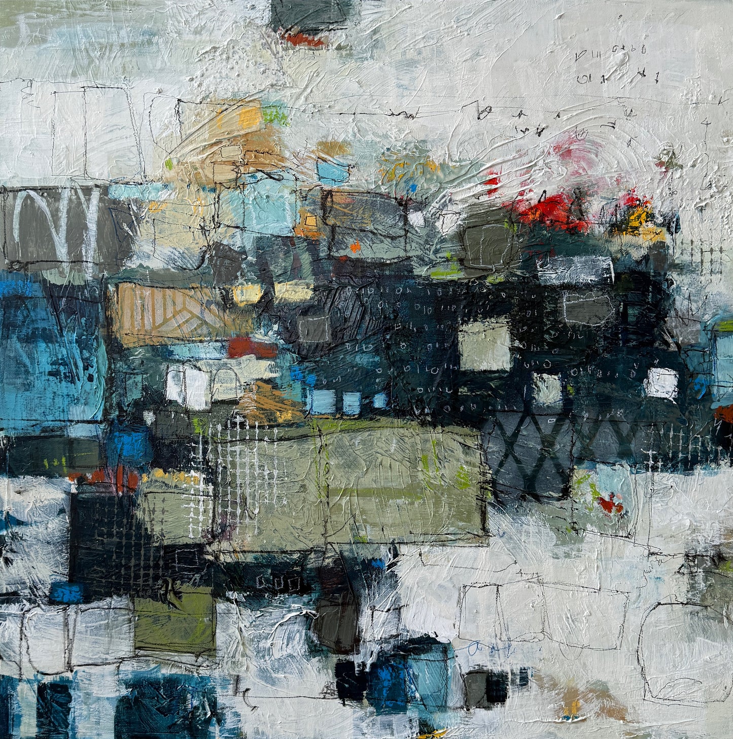 Weathering Time 24 x 24 textured abstract painting acrylic on canvas by Canadian artist Lori Mirabelli