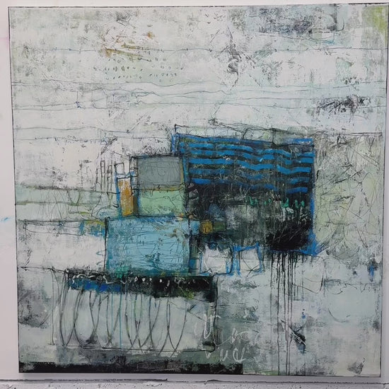 Abstract painting in a modern living room setting with a chair and decor items. paintings for sale lori mirabelli 48x48 inch