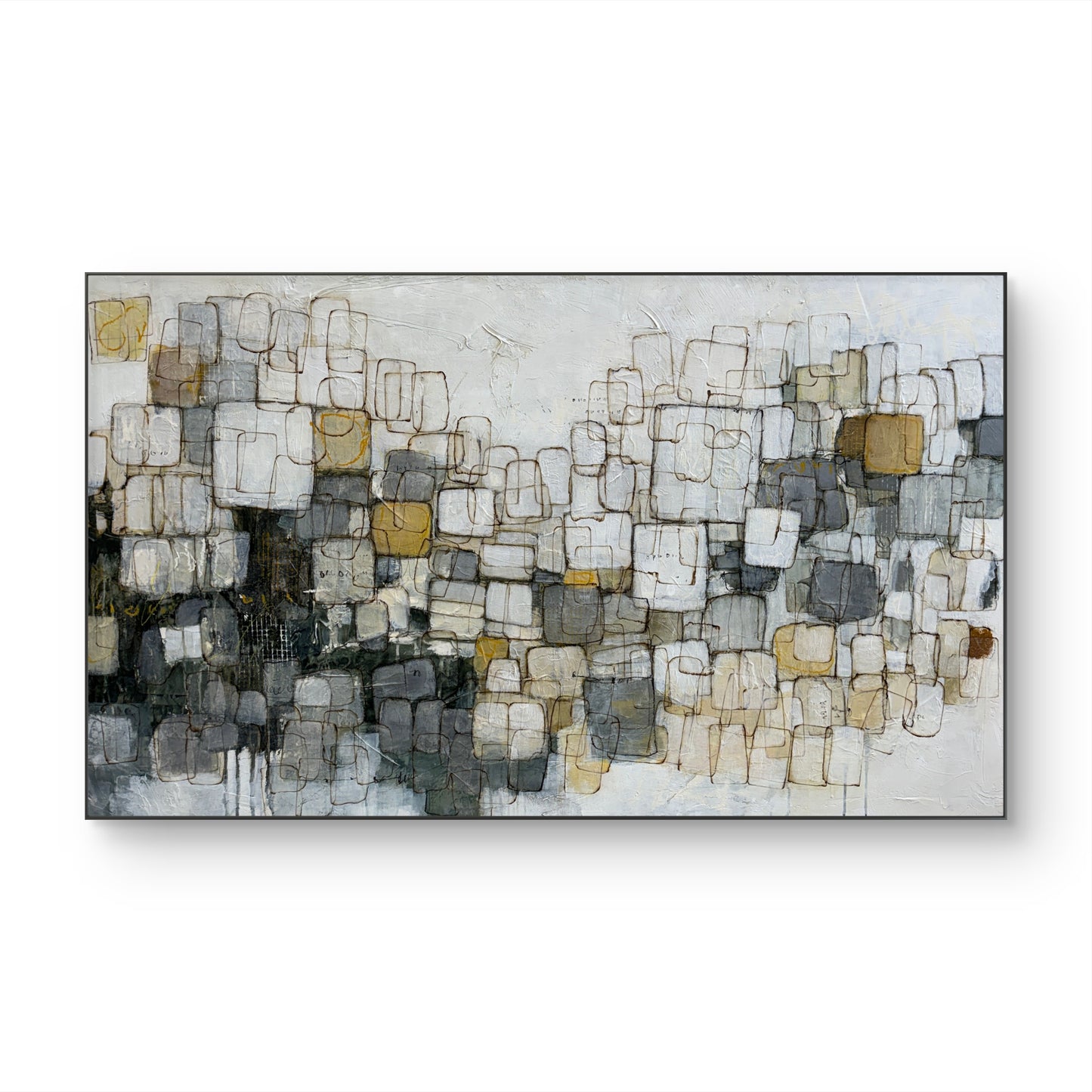 An abstract canvas painting featuring a textured arrangement of geometric blocks and lines in shades of gray, white, black, and muted gold, displayed on a clean white background.