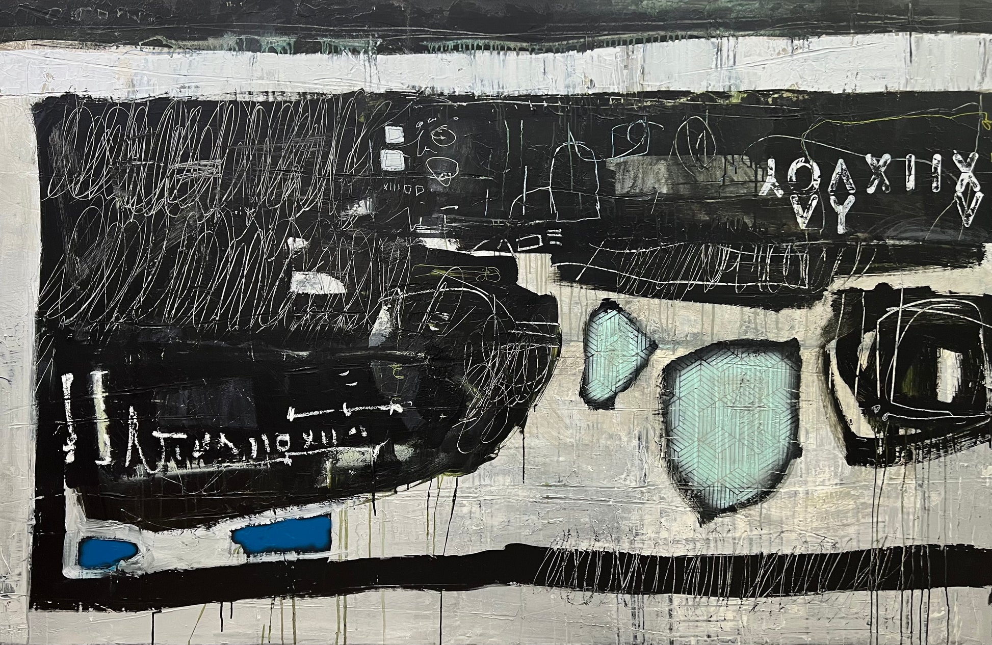 horizontal modern abstract painting black white blue tan lori mirabelli